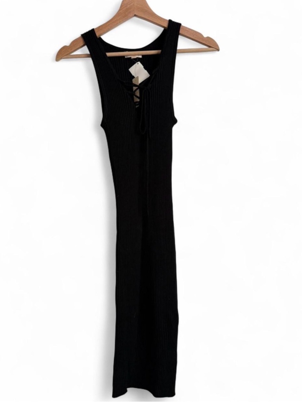 Ambiance Black Ribbed Dress with Lace-Up Neckline